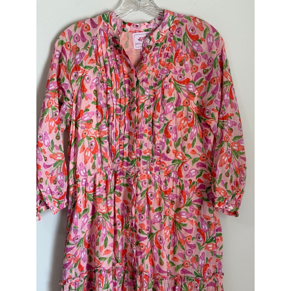 Banjanan Midi Dress Womens XS Pink Floral Cotton Pintuck Tiered Boho - Picture 4 of 9